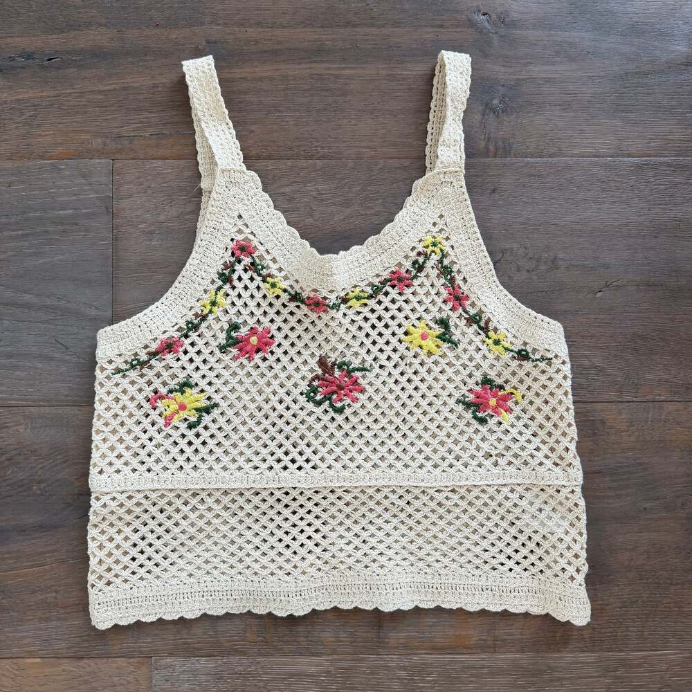 Crocheted Knit Ivory Floral Cotton Crop Top Sz Small ~ Cottagecore, Boho, Fairy